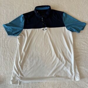 Mens Oakley Polo Shirt L Blue White Striped Golf Athletic Performance Stretch